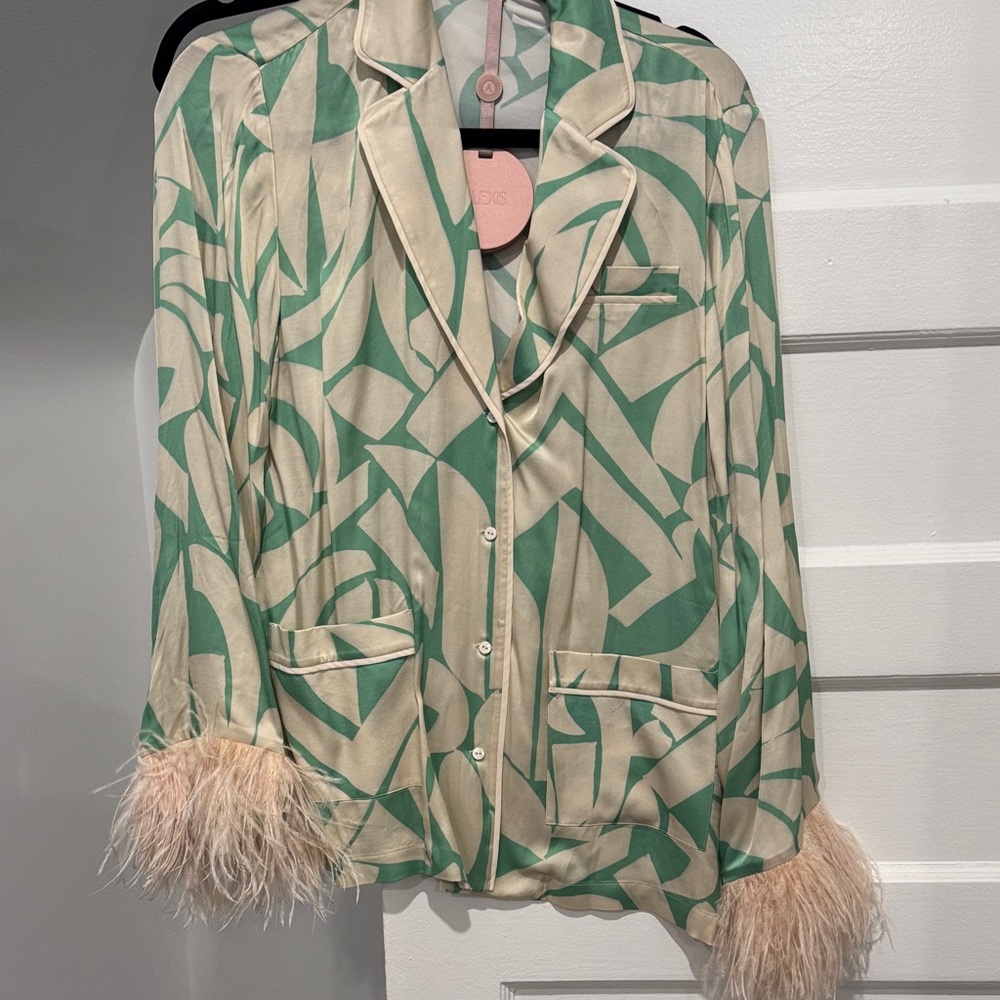 Alexis Green and Cream Patterned Women's feather sleeve top
